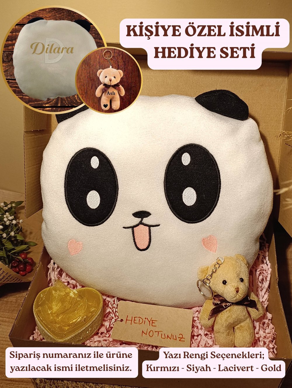 Kutulu Hediye Seti / Panda Yastık 35cm, Ayıcık Anahtarlık ve Kalp Şeklinde Tüllü Kutu