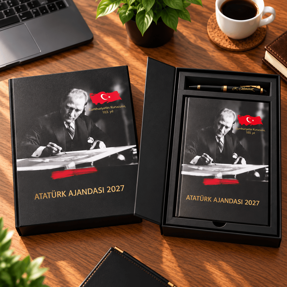 Özel Kutulu 2027 Atatürk Ajandası ve Atatürk İmza baskılı Kalem Seti