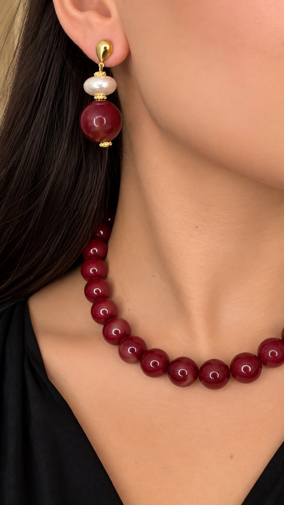 BORDO BONCUKLU İNCİ DETAYLI KOLYE VE KÜPE SET