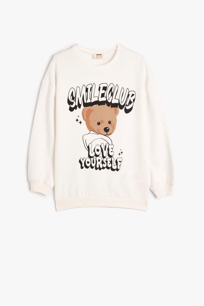 Koton Kız Çocuk Ayıcık Baskılı Sweatshirt Uzun Kollu Bisiklet Yaka Şardonlu