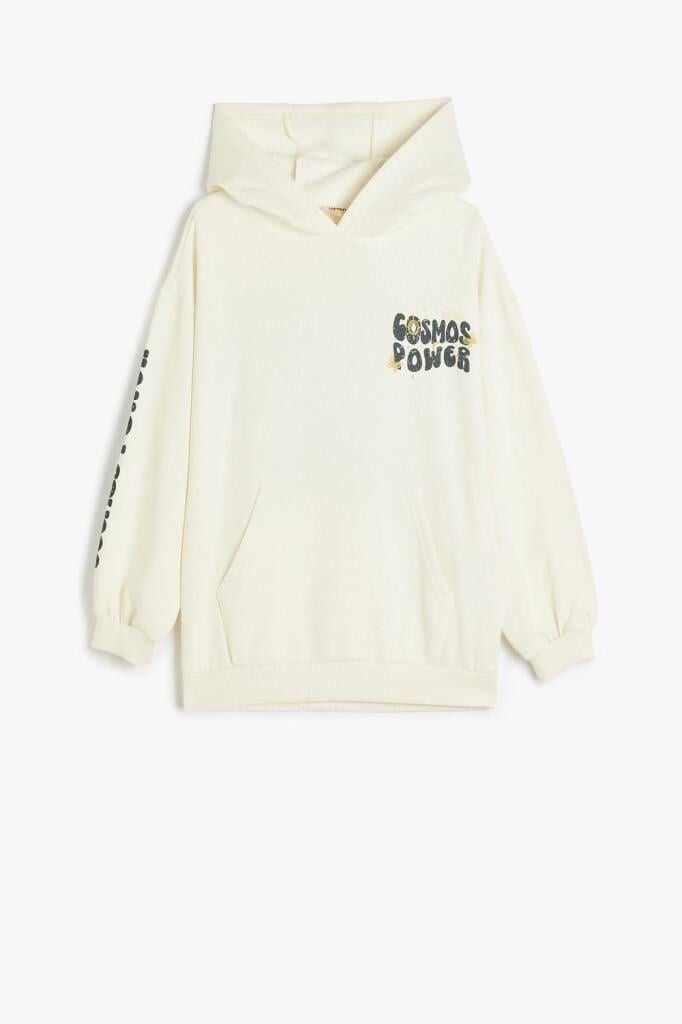 Koton Kız Çocuk Kapşonlu Sweatshirt Kanguru Cepli Uzun Kollu Baskılı Şardonlu Pamuklu