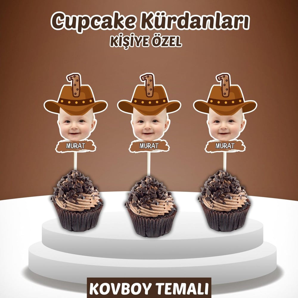 Resimli Cupcake Kürdanı - Kovboy Temalı