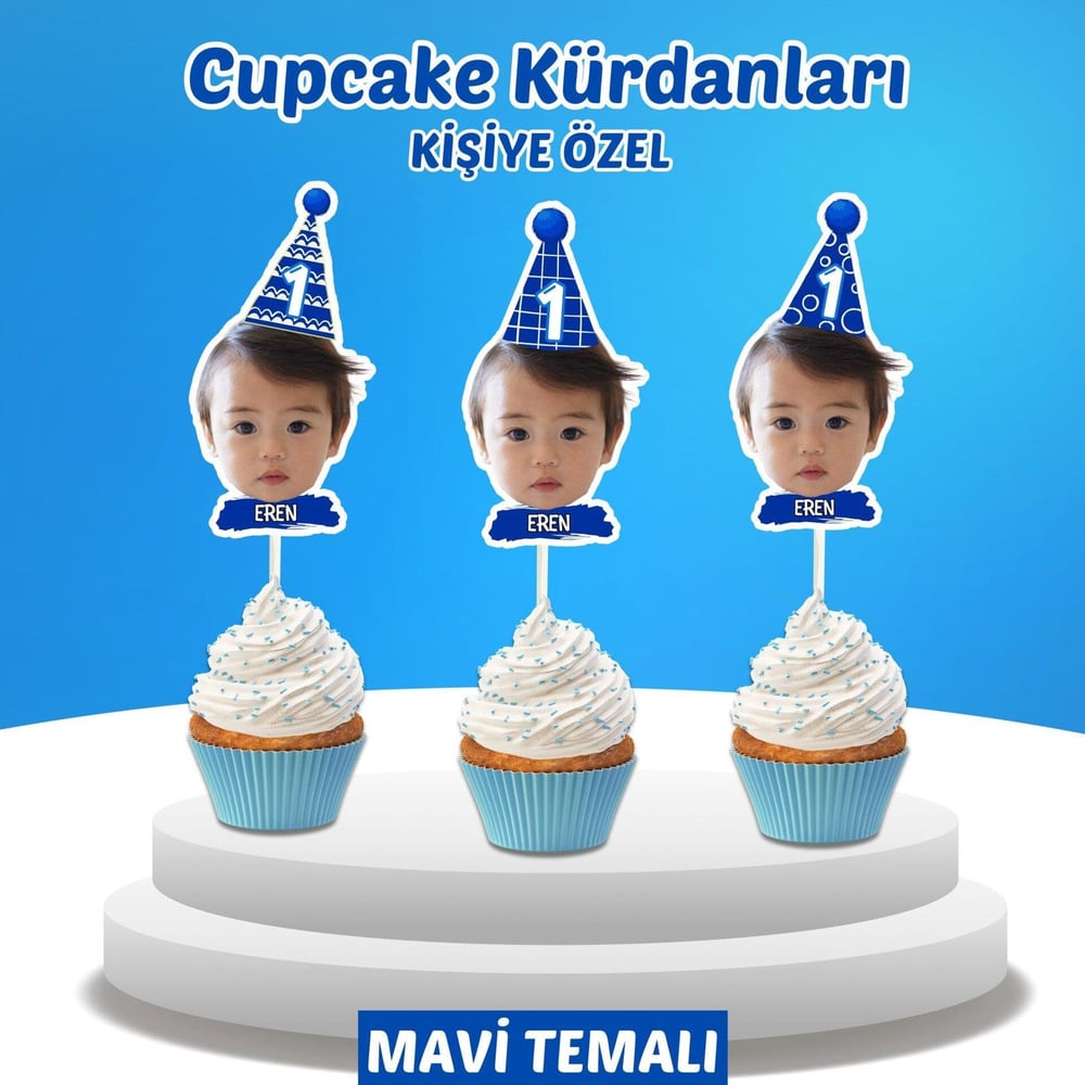 Resimli Cupcake Kürdanı - Mavi Temalı