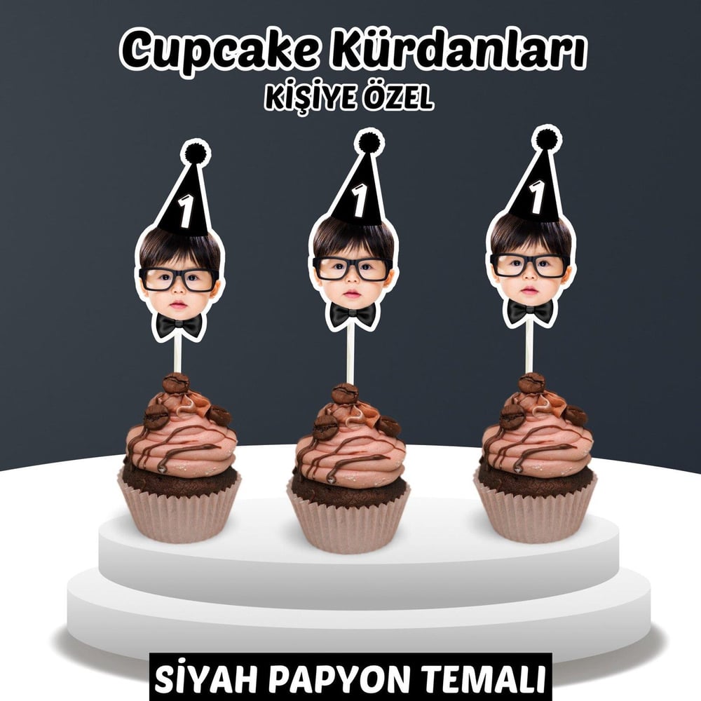 Resimli Cupcake Kürdanı - Siyah Papyon Temalı