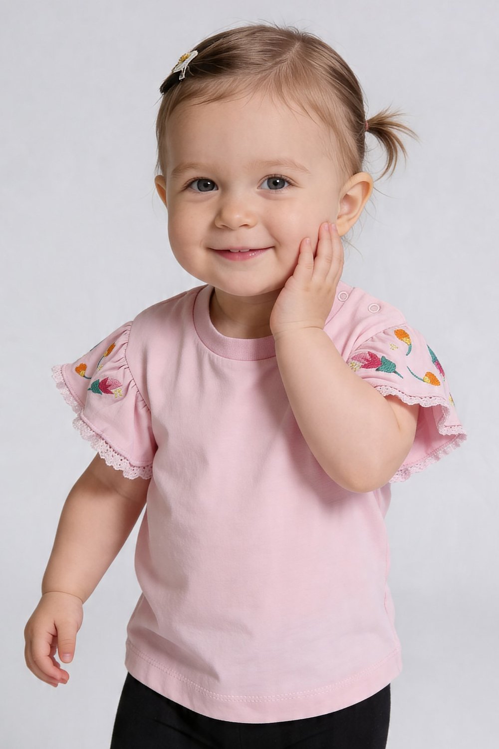Tuffy Kız Bebek Çiçek Nakış Detaylı T-Shirt-1606