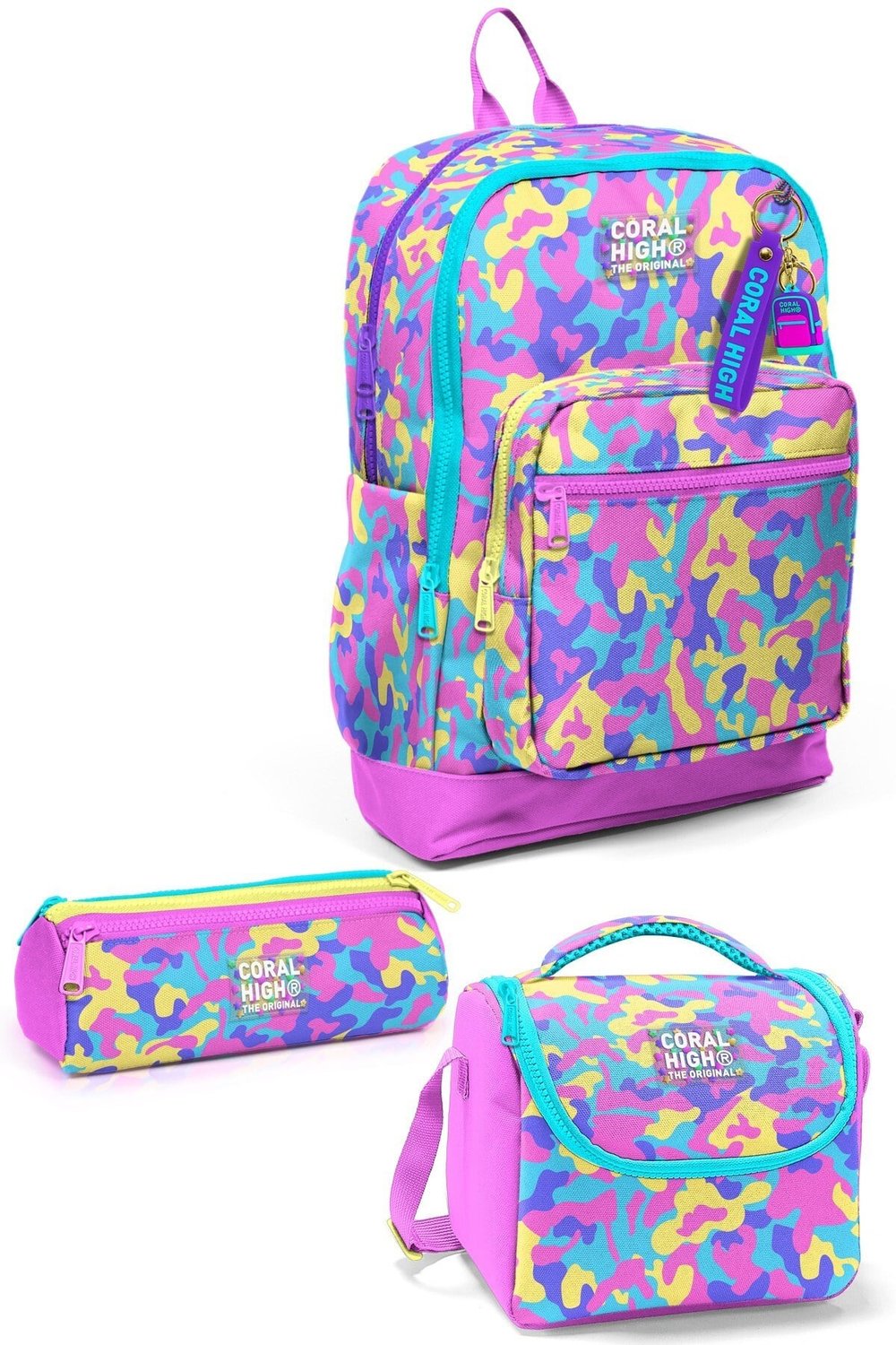  CORAL HİGH KİDS PEMBE SARI LAVANTA KAMUFLAJ DESENLİ 3'LÜ OKUL ÇANTA SETİ