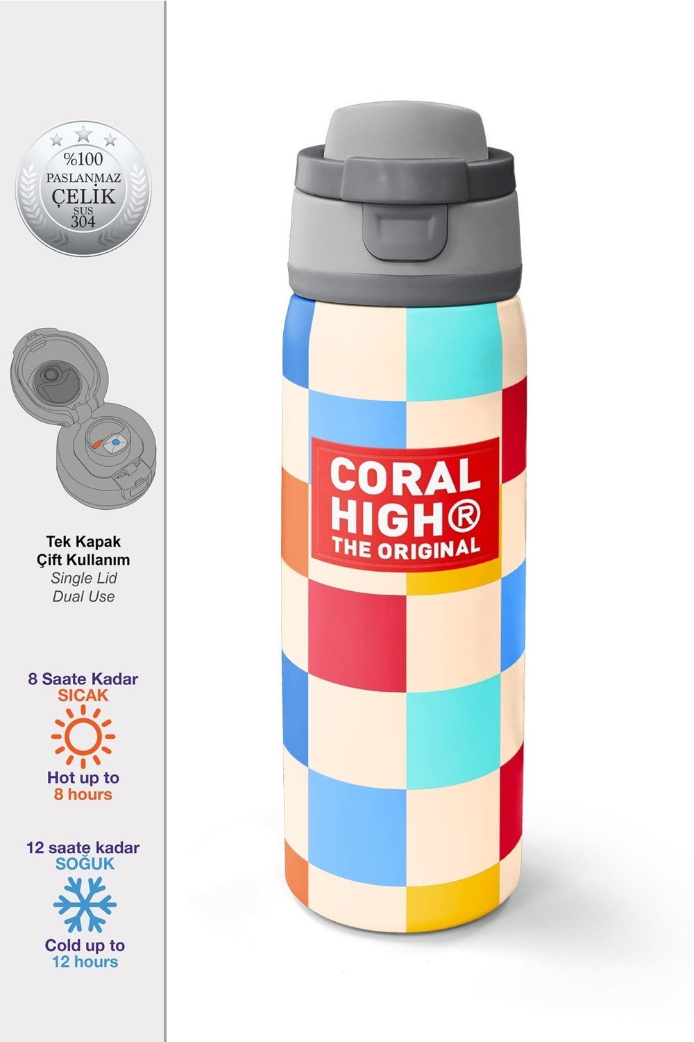 Coral High Çok Renkli Dama Desenli Pipetli ve Direkt İçim Çelik Termos 800 ml 38503
