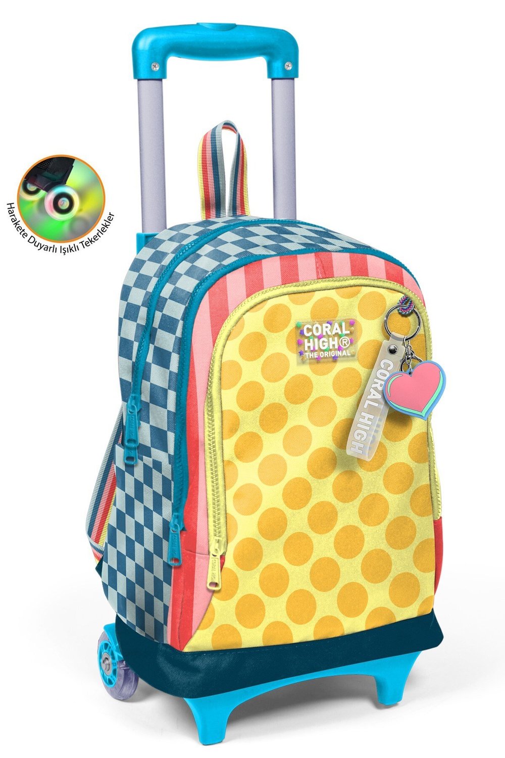 Coral High Kids Çok Renkli Dama Çizgi Puantiye Desenli Çekçekli 3'lü Çanta Seti SET0134004