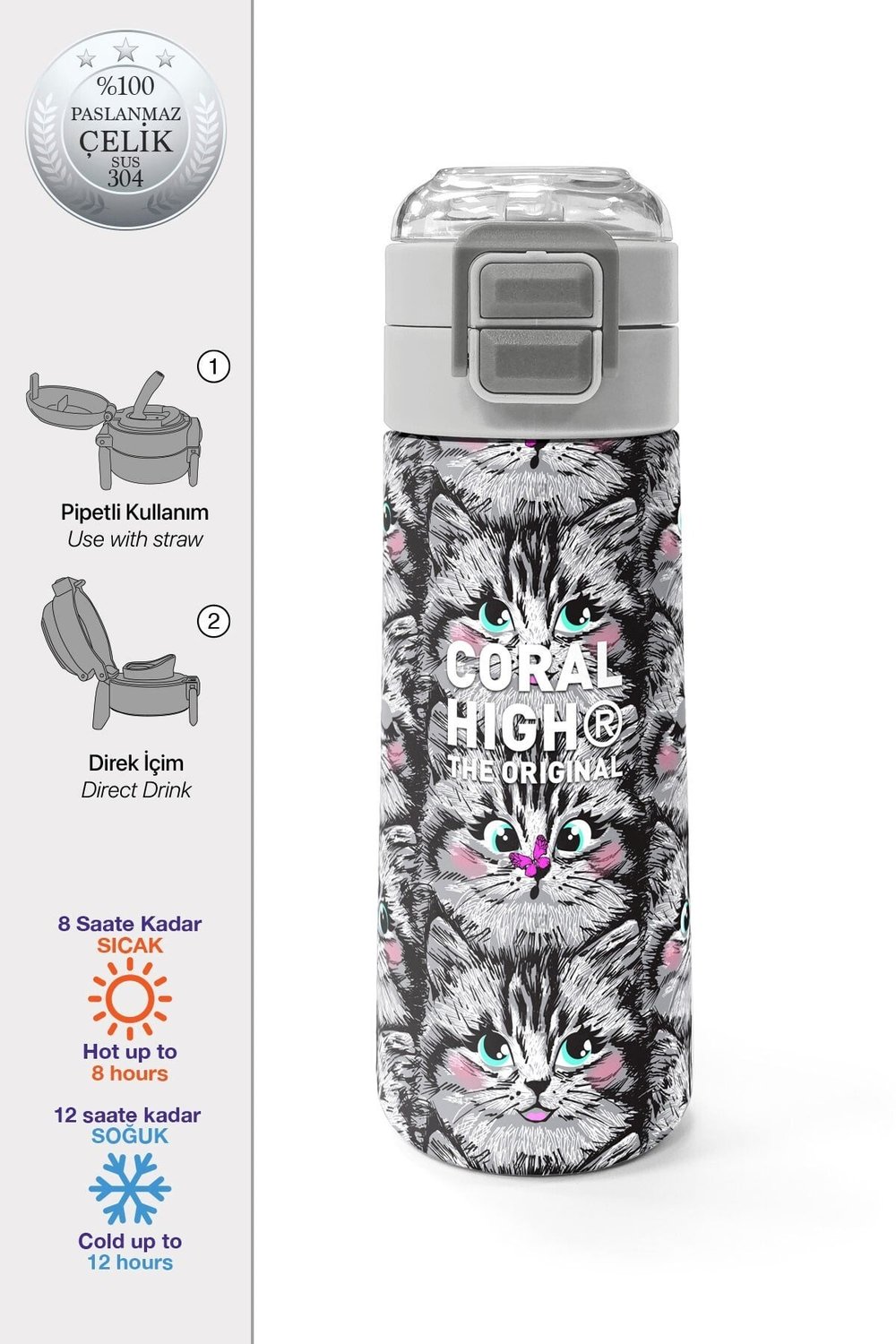 Coral High Kids Gri Kedi Desenli Pipetli ve Direkt İçim Çelik Termos 500 ml 31851