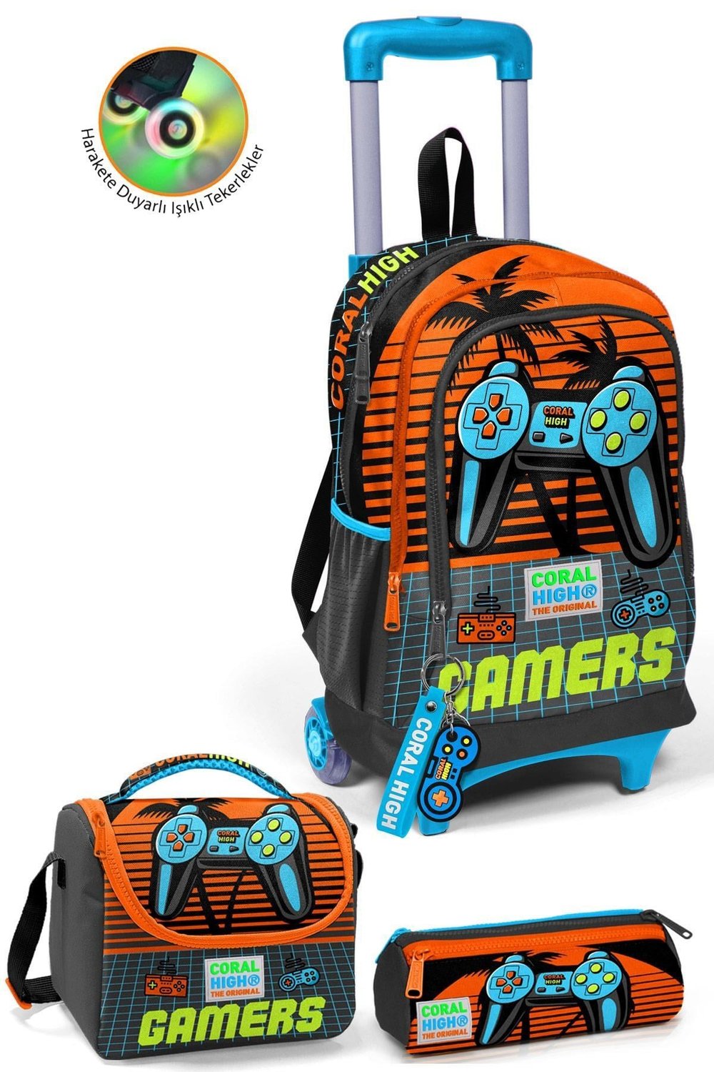 CORAL HİGH KİDS GRİ TURUNCU GAMER DESENLİ ÇEKÇEKLİ 3'LÜ ÇANTA SETİ 