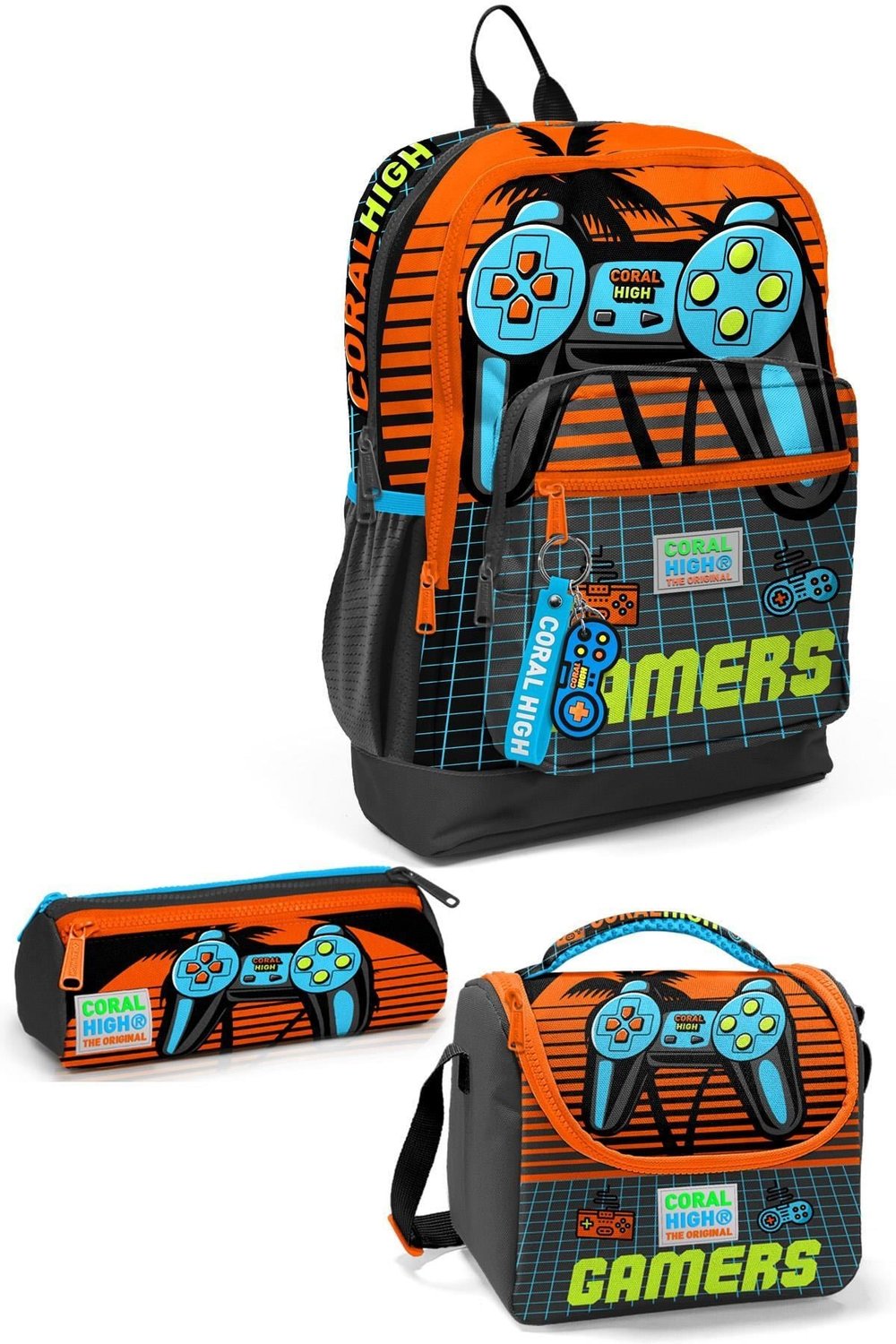CORAL HİGH KİDS GRİ TURUNCU GAMER DESENLİ 3'LÜ OKUL ÇANTA SETİ 