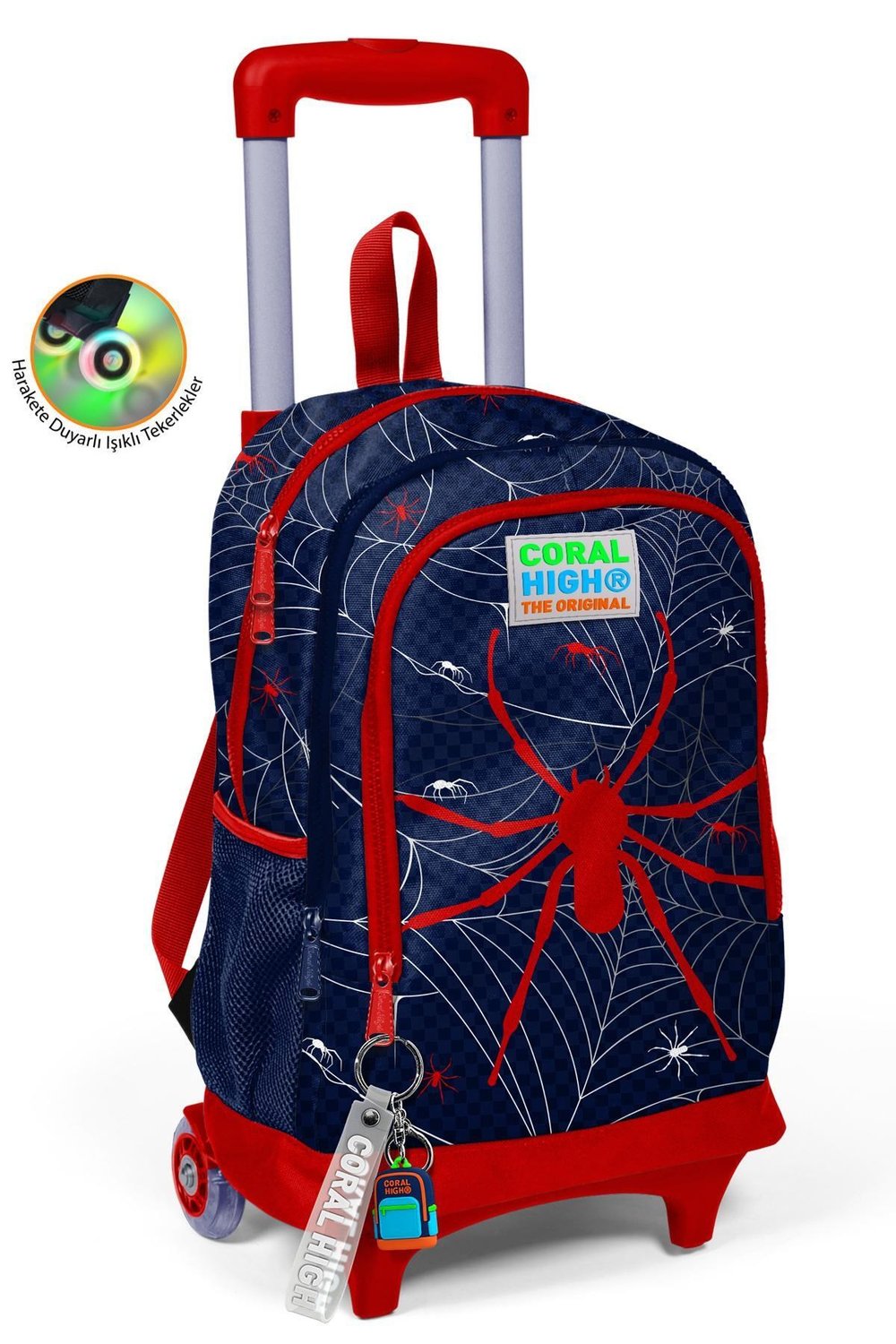 Coral High Kids Lacivert Kırmızı Örümcek Desenli Üç Bölmeli Çekçekli 3'lü Çanta Seti SET0123920