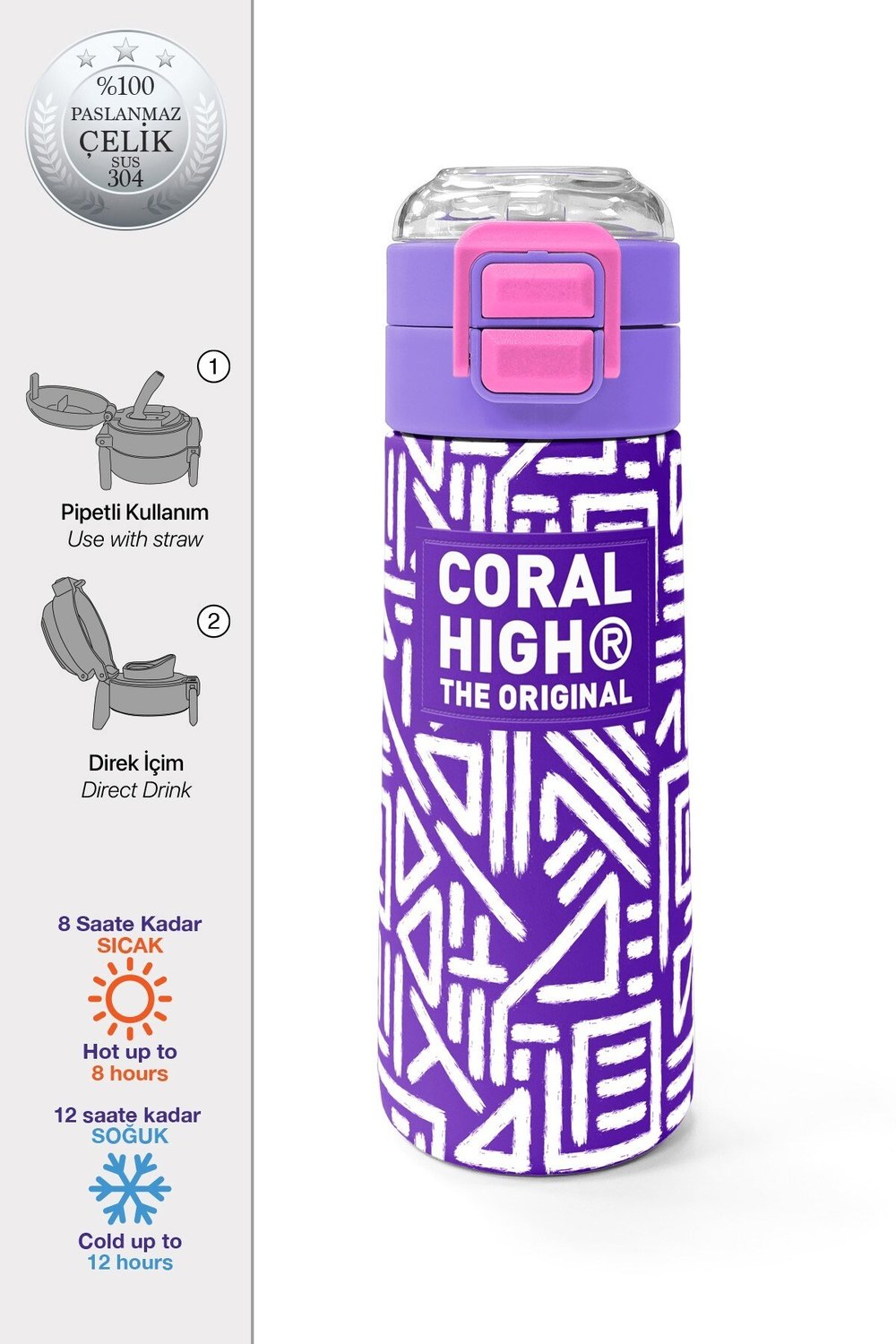 Coral High Kids Mor Beyaz Geometrik Desenli Pipetli ve Direkt İçim Çelik Termos 500 ml 31883