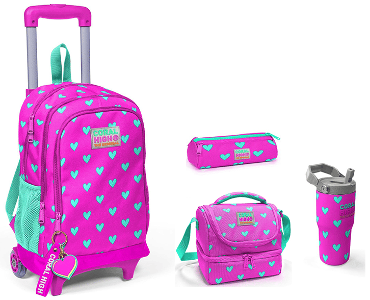 CORAL HİGH KİDS NEON PEMBE SU YEŞİLİ KALP DESENLİ 600 ml ÇELİK TERMOSLU ÇEKÇEKLİ 4'LÜ ÇANTA SETİ