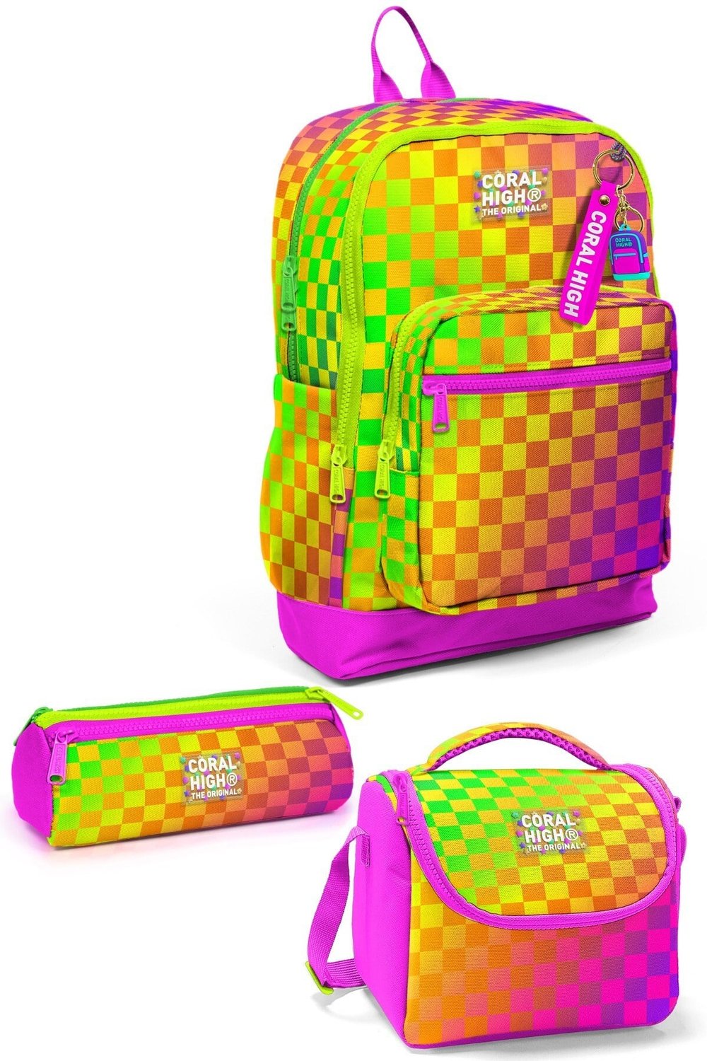 CORAL HİGH KİDS NEON RENKLİ DAMA DESENLİ 3'LÜ OKUL ÇANTA SETİ 