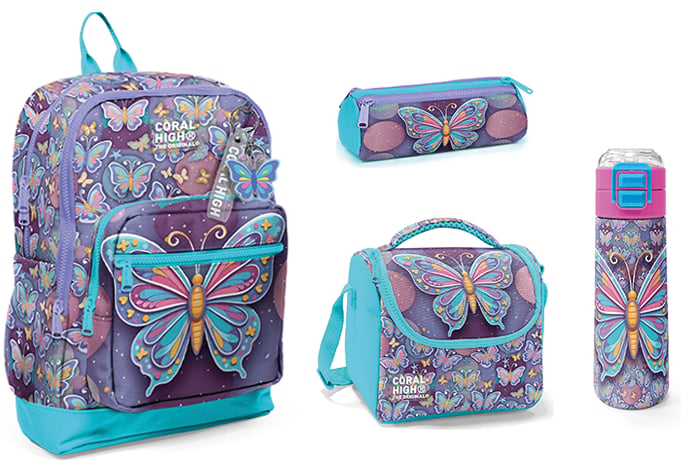 CORAL HİGH KİDS PASTEL RENKLİ KELEBEK DESENLİ  4'LÜ OKUL ÇANTA SETİ