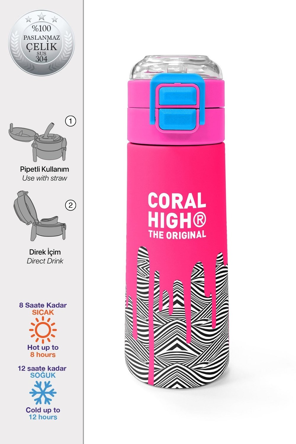 Coral High Kids Pembe Siyah Beyaz Desenli Pipetli ve Direkt İçim Çelik Termos 500 ml 31878