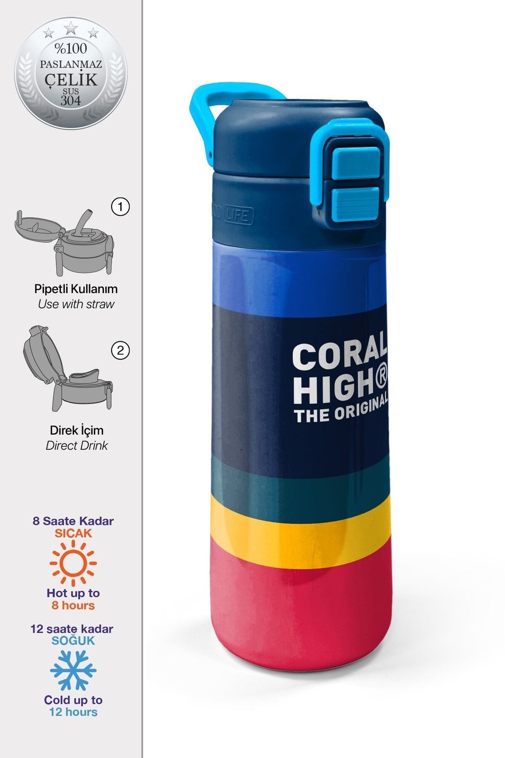 Coral High Kids Renkli Çizgi Desenli Pipetli ve Direkt İçim Çelik Termos 500 ml 38122