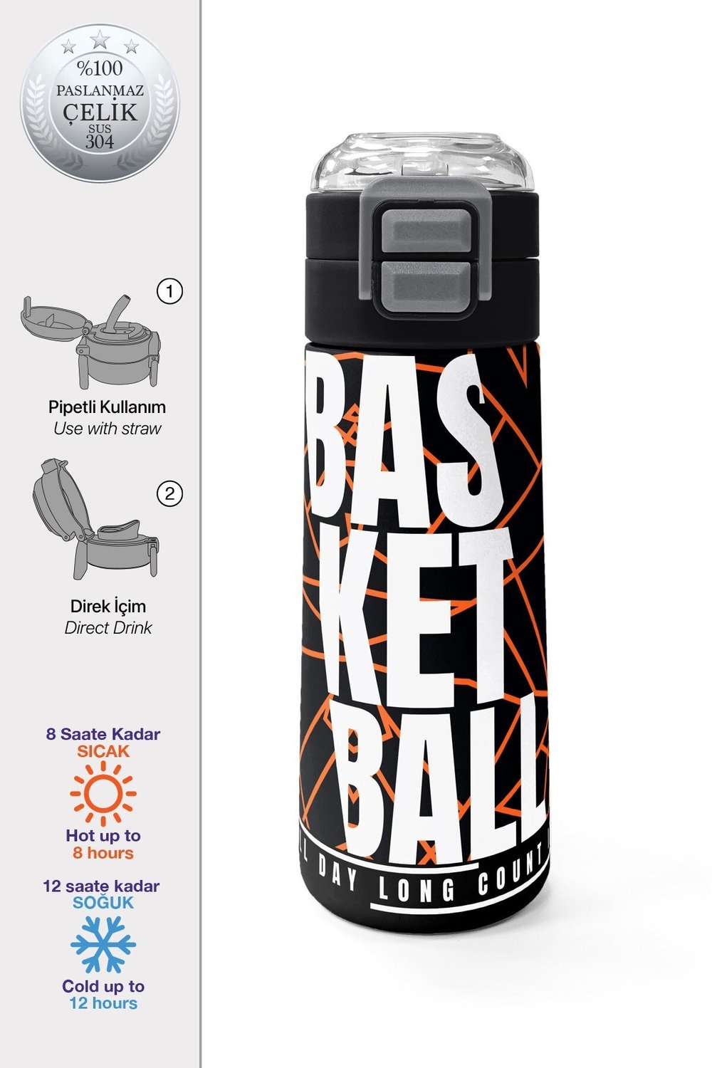 Coral High Kids Siyah Basketbol Desenli Pipetli ve Direkt İçim Çelik Termos 500 ml 31852