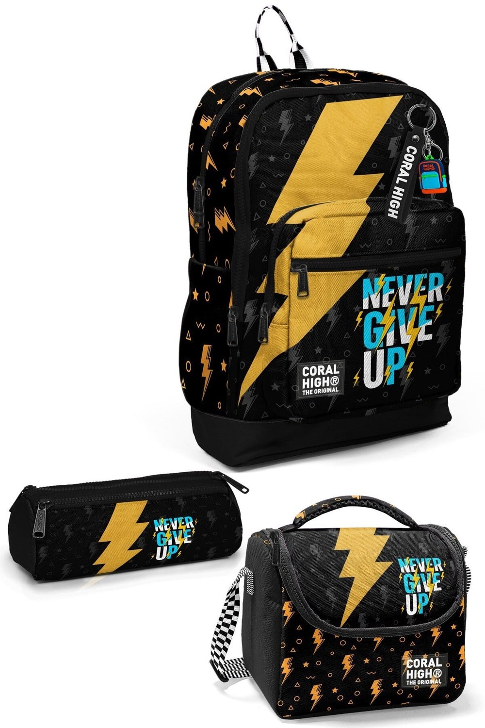 CORAL HİGH KİDS SİYAH NEVER GİVE UP DESENLİ 3'LÜ OKUL ÇANTA SETİ 