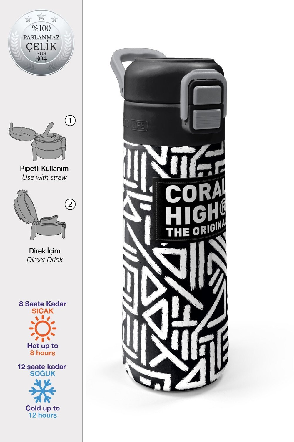 Coral High Kids SiyahBeyaz Geometrik Desenli Pipetli ve Direkt İçim Çelik Termos 500 ml 31882