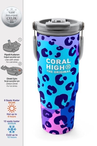 Coral High Mor Leopar Desenli Pipetli ve Direkt İçim Çelik Termos 900 ml 38709