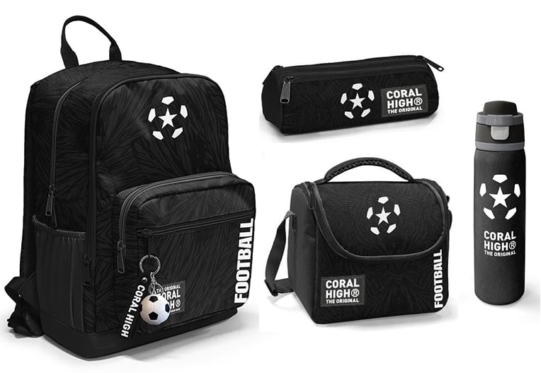 CORAL HİGH SİYAH FUTBOL DESENLİ 800 ml ÇELİK TERMOSLU 4'LÜ OKUL ÇANTA SETİ