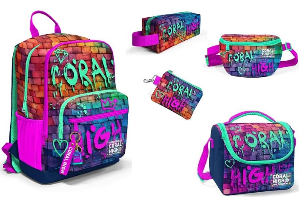 CORAL HIGH Süper Grafiti Yazılı Kız Çocuk İlkokul Çanta Seti-Beş Parçalı Set-(5873)