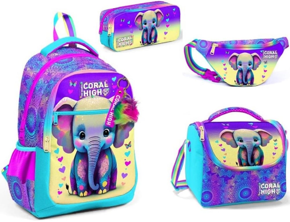 CORAL HIGH Yavru Fil Temalı Kız Çocuk İlkokul Çanta Seti-Dört Parçalı Set-(5878)