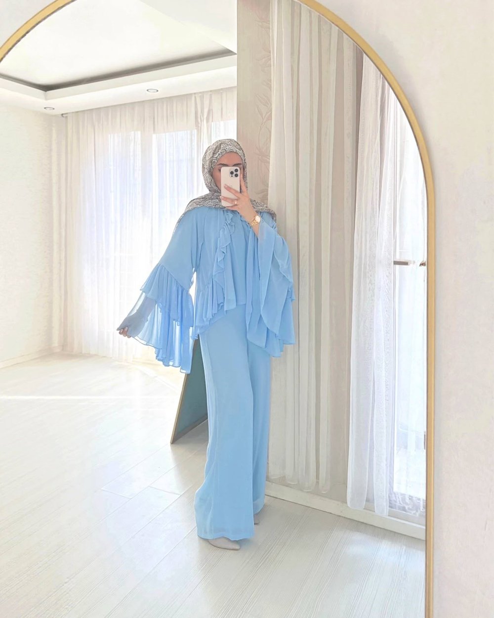Lina Volan ve Fırfır Detaylı Tasarım Pantolonlu İkili Takım Mavi