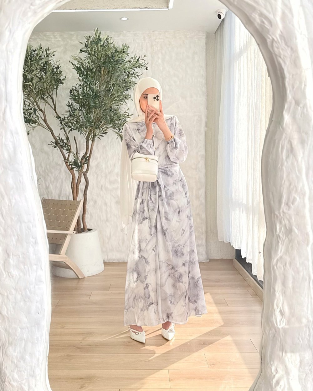 Mermer Desenli Bel Bağlamalı Elbise