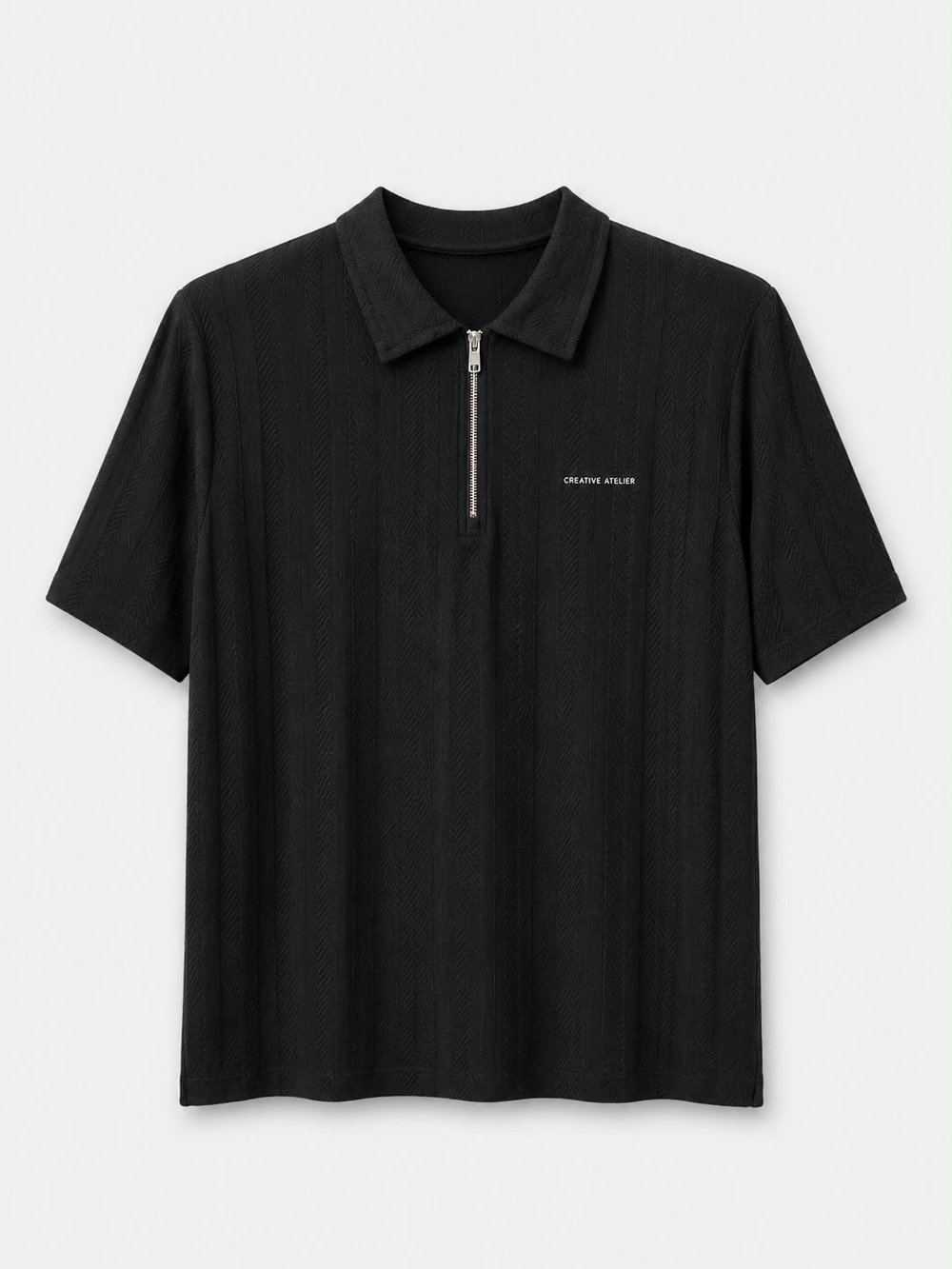 Erkek Çizgi Desenli Fermuarlı Polo Yaka T-shirt Siyah