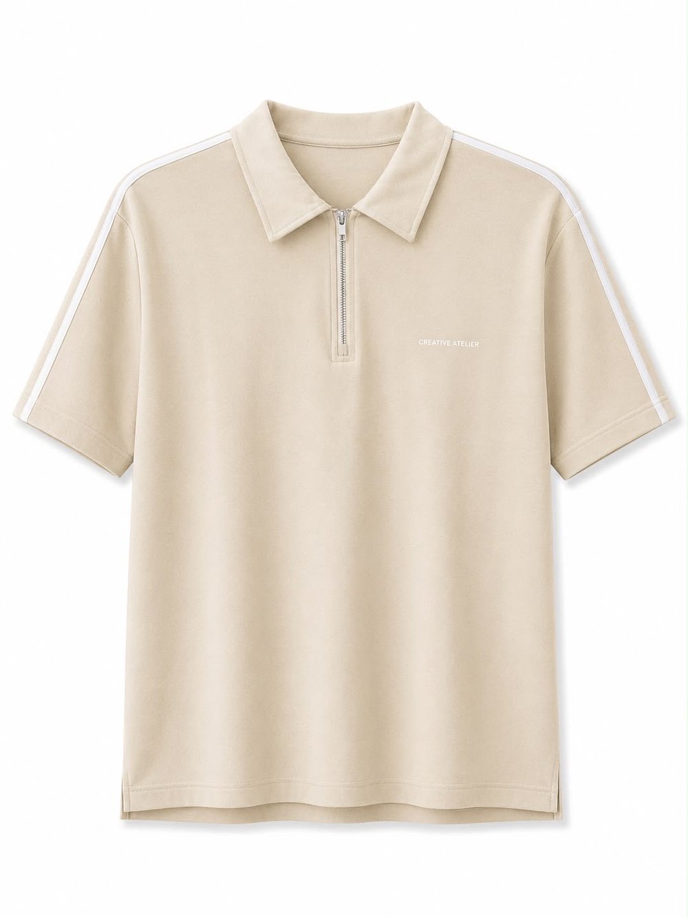 Erkek Şerit Detaylı Fermuarlı Polo Yaka T-shirt Krem