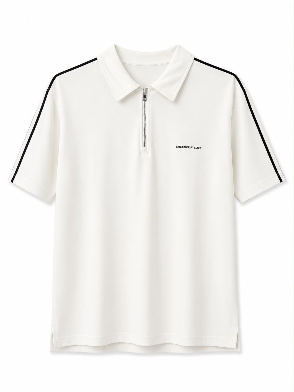 Erkek Şerit Detaylı Fermuarlı Polo Yaka T-shirt Beyaz