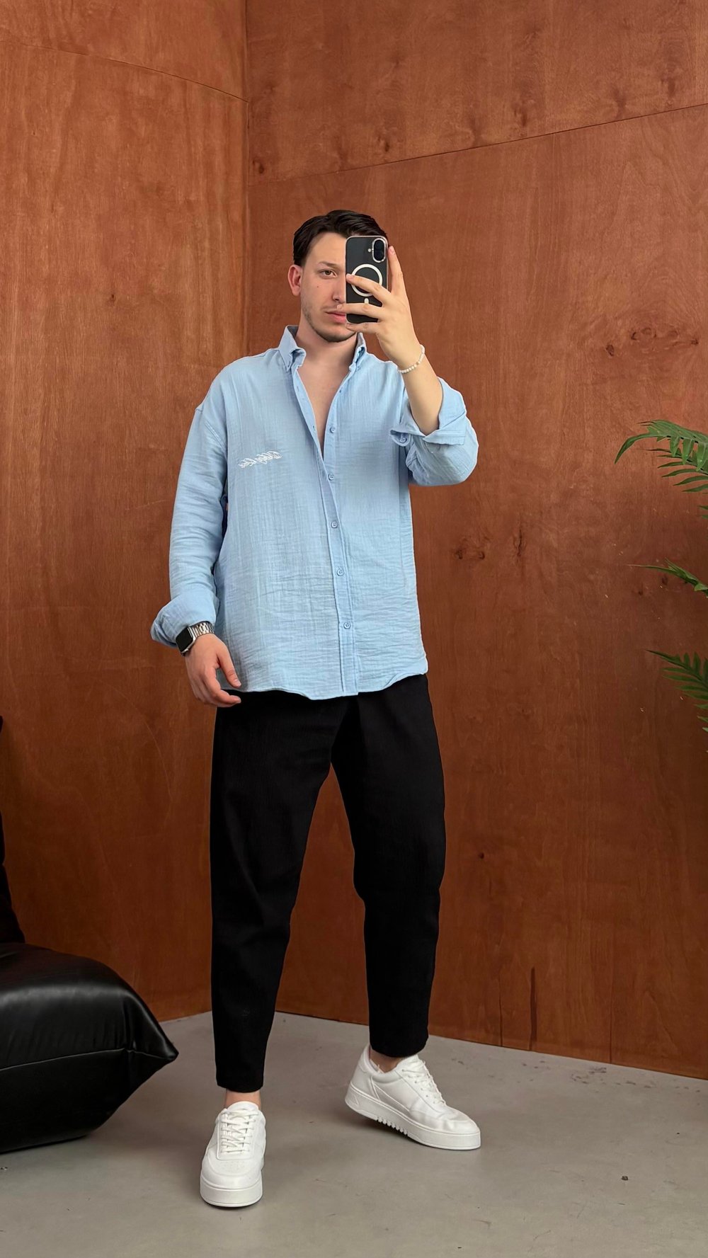 Oversize Baskılı Keten Gömlek Bebe Mavi