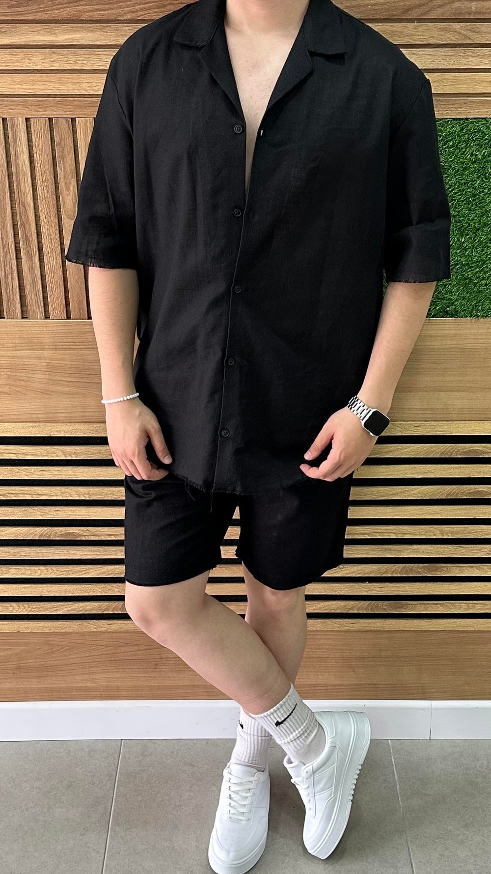Oversize Keten Gömlek Şort Takım Siyah