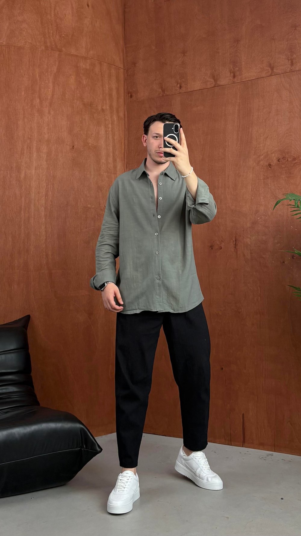 Oversize Keten Gömlek Yeşil