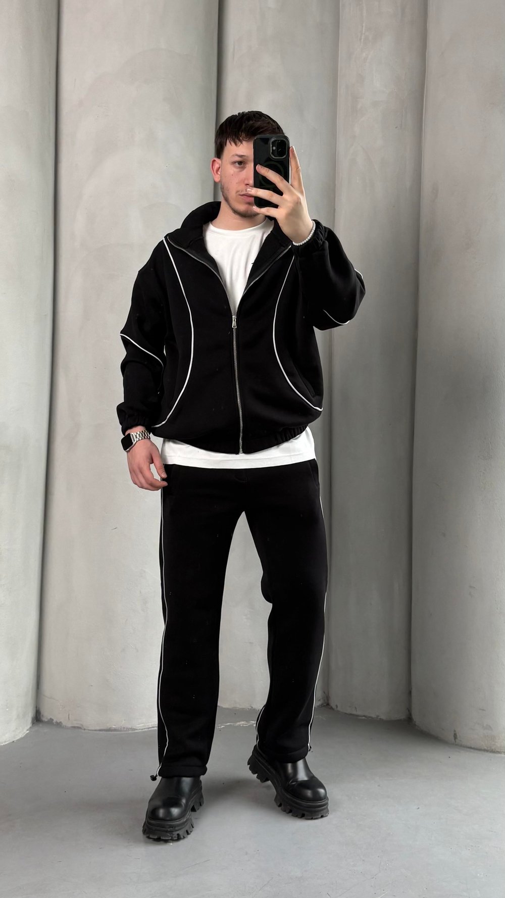 Oversize Şerit Detaylı Eşofman Takım Siyah