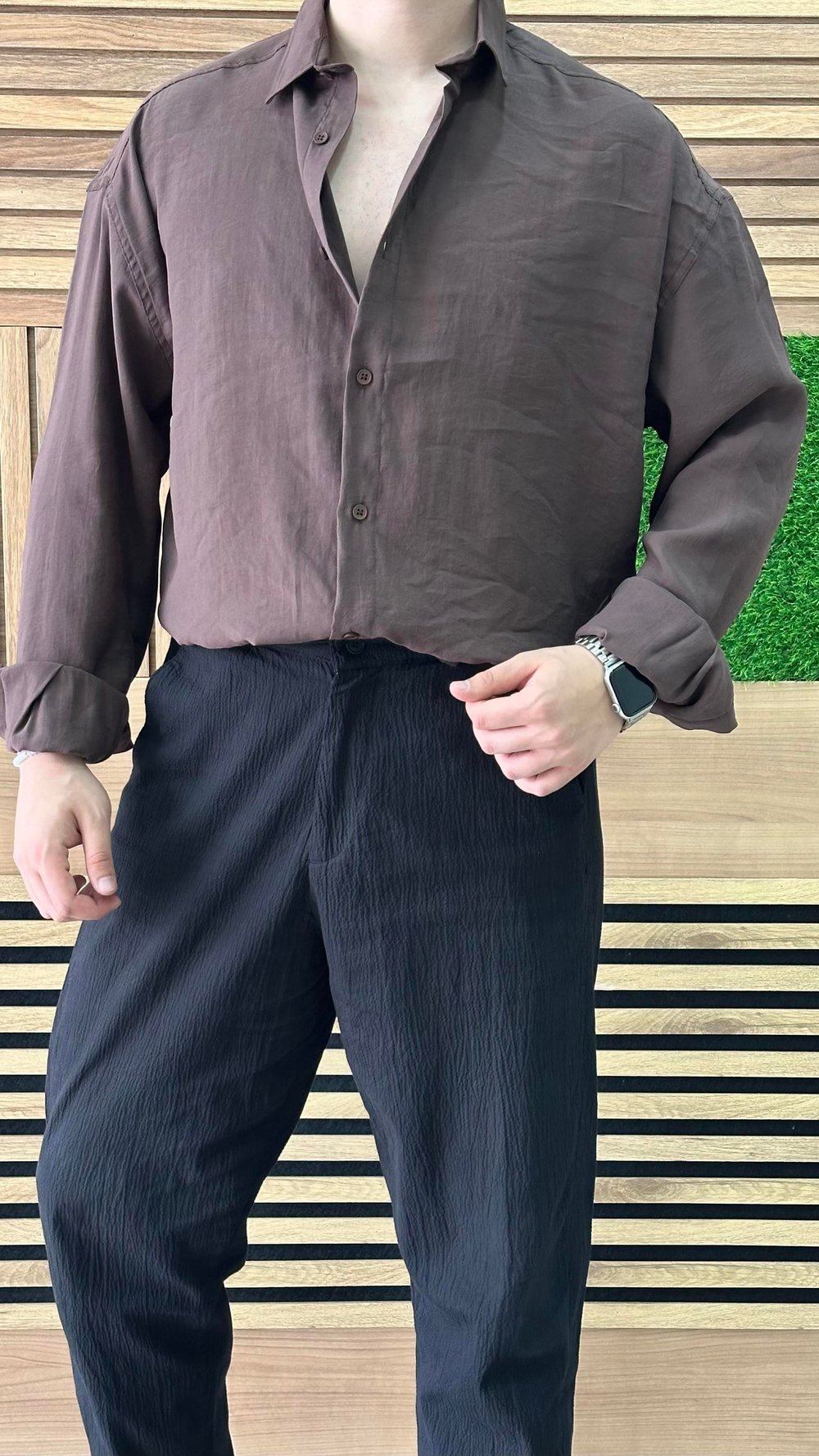 Oversize Tensel Kumaş Gömlek Acı Kahve