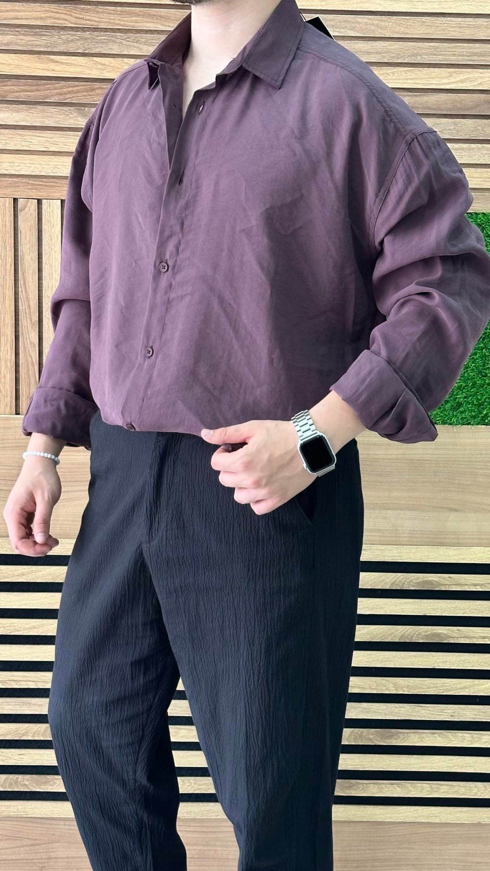 Oversize Tensel Kumaş Gömlek Mürdüm