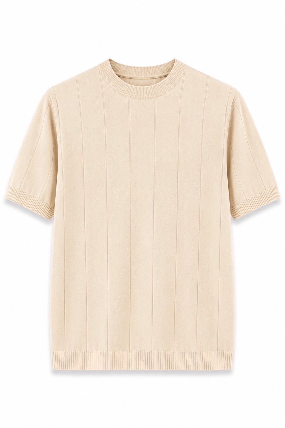 Regular Fit Örme Triko T-Shirt Bej