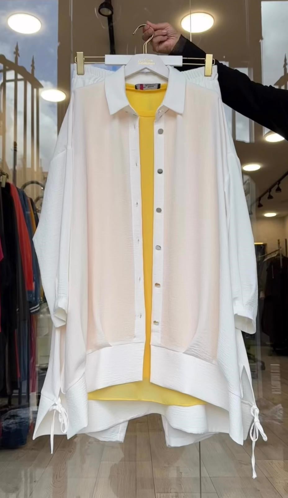 Ayrobin Kumaş A kesim Tunik Pantolon Takım -Beyaz