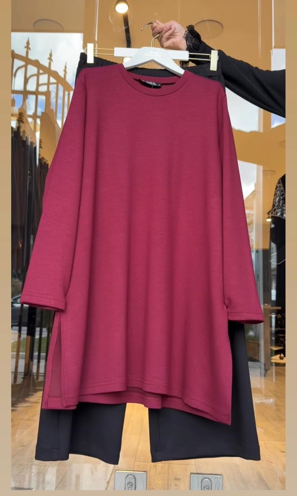 Bambu Kumaş Basic Tunik Takım-Bordo