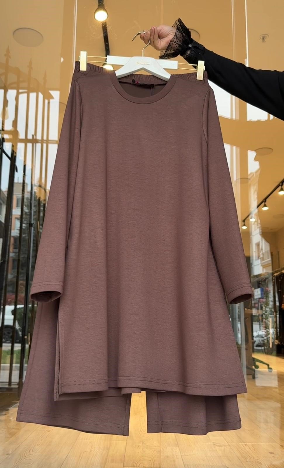 Bambu Kumaş Basic Tunik Takım-Kahve