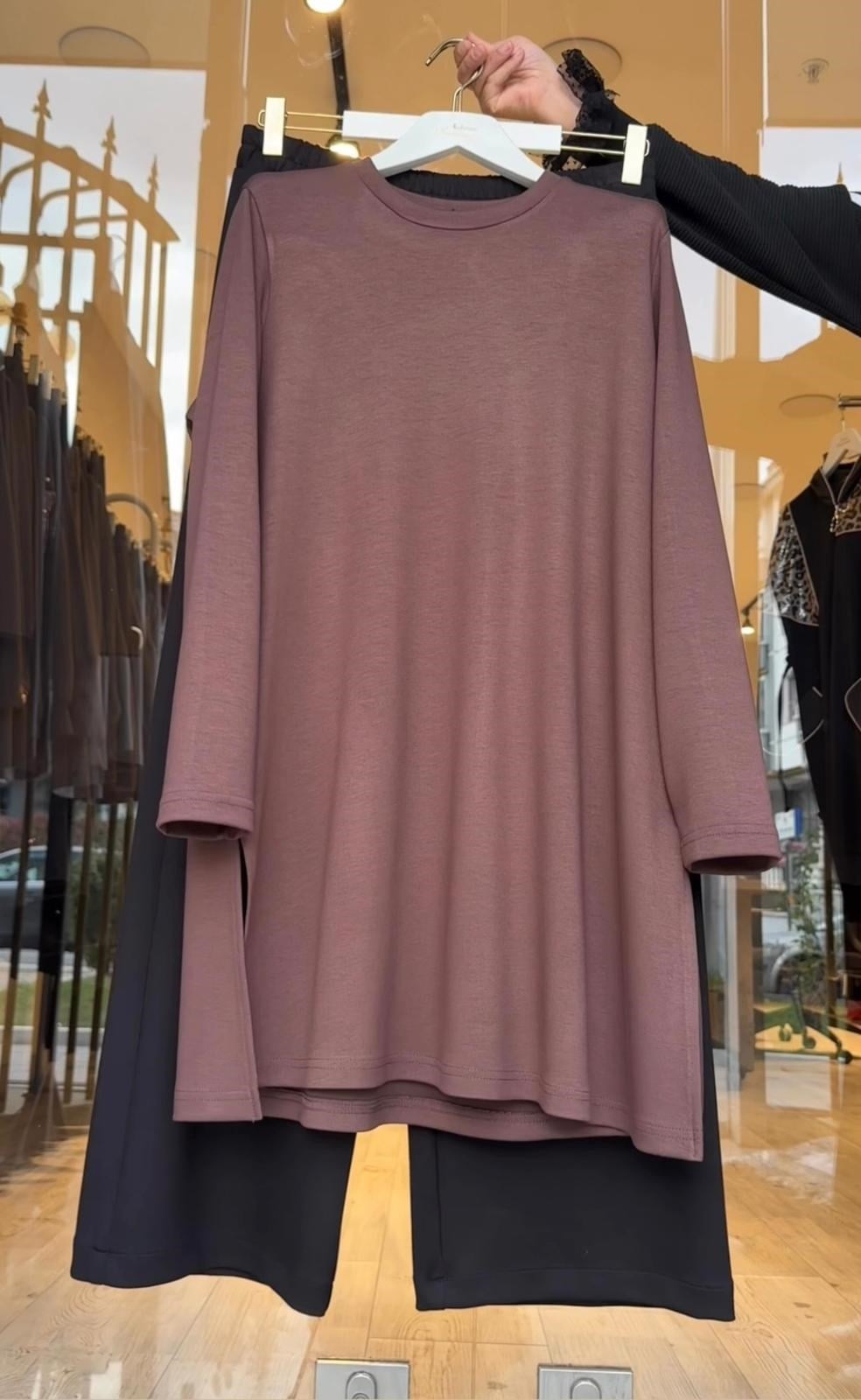 Bambu Kumaş Basic Tunik Takım- Kahve