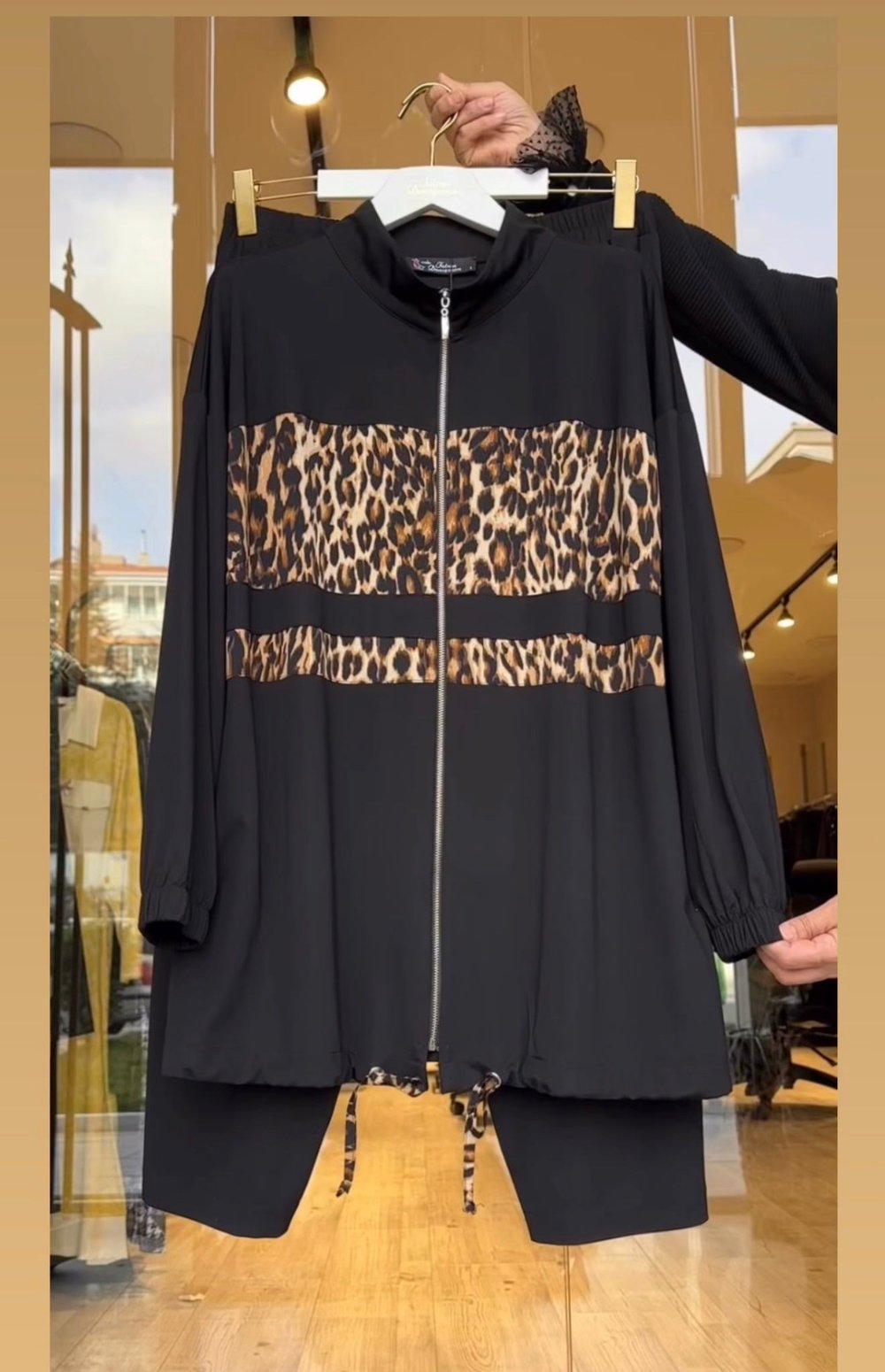 Bambu Kumaş Leopar Kumaş Kombinli İkili Takım -Siyah