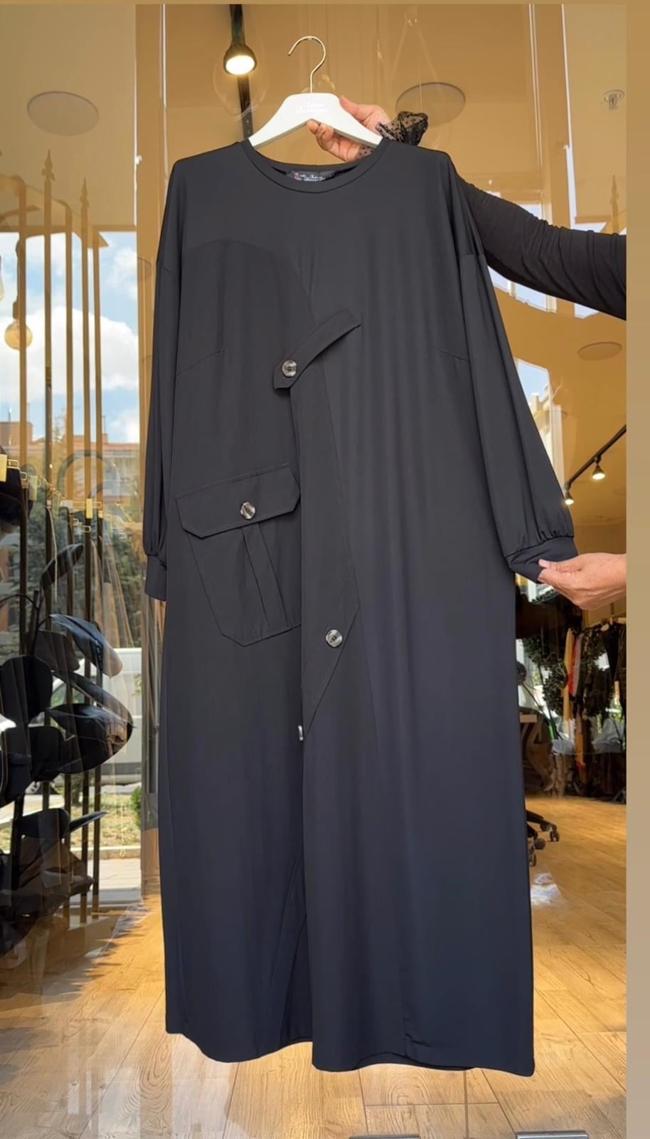 Bambu Ve Turkuaz Kumaş Kombinli Düğme Detaylı Elbise -Siyah