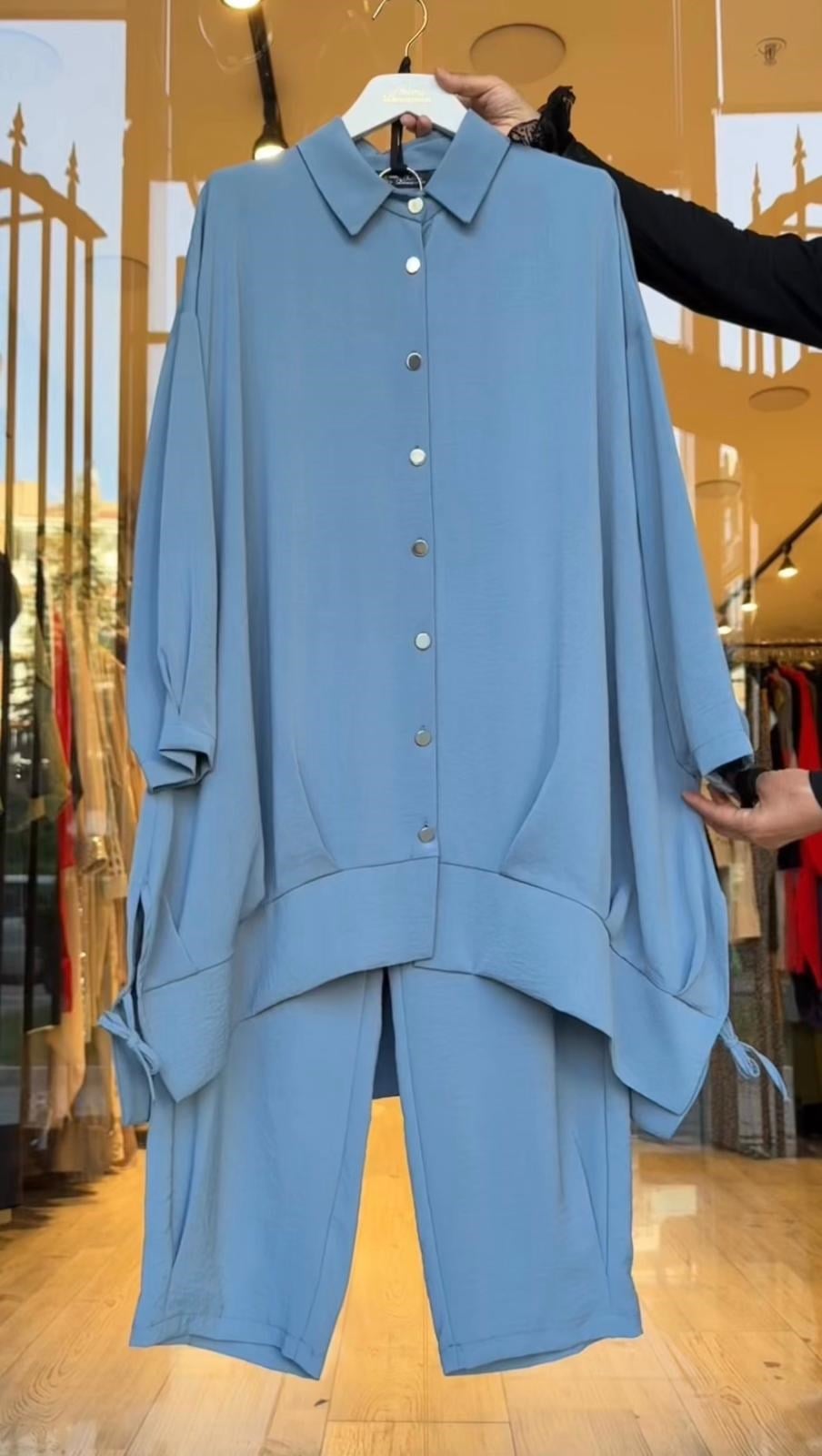Dubai İpeği Kumaş A Kesim Tunik Pantolon Takım -Mavi