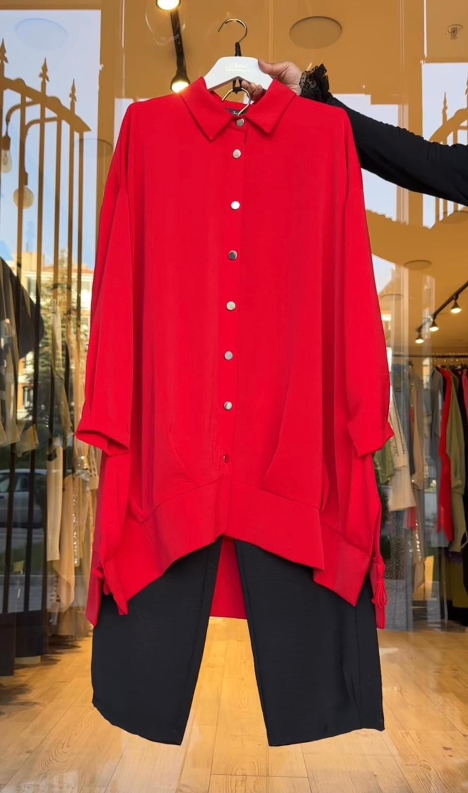 Dubai Kumaş A Kesim Tunik Pantolon Takım -Kırmızı