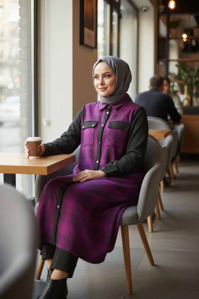 Ekose Kumaş Önden Düğmeli Tunik Kap -Mor